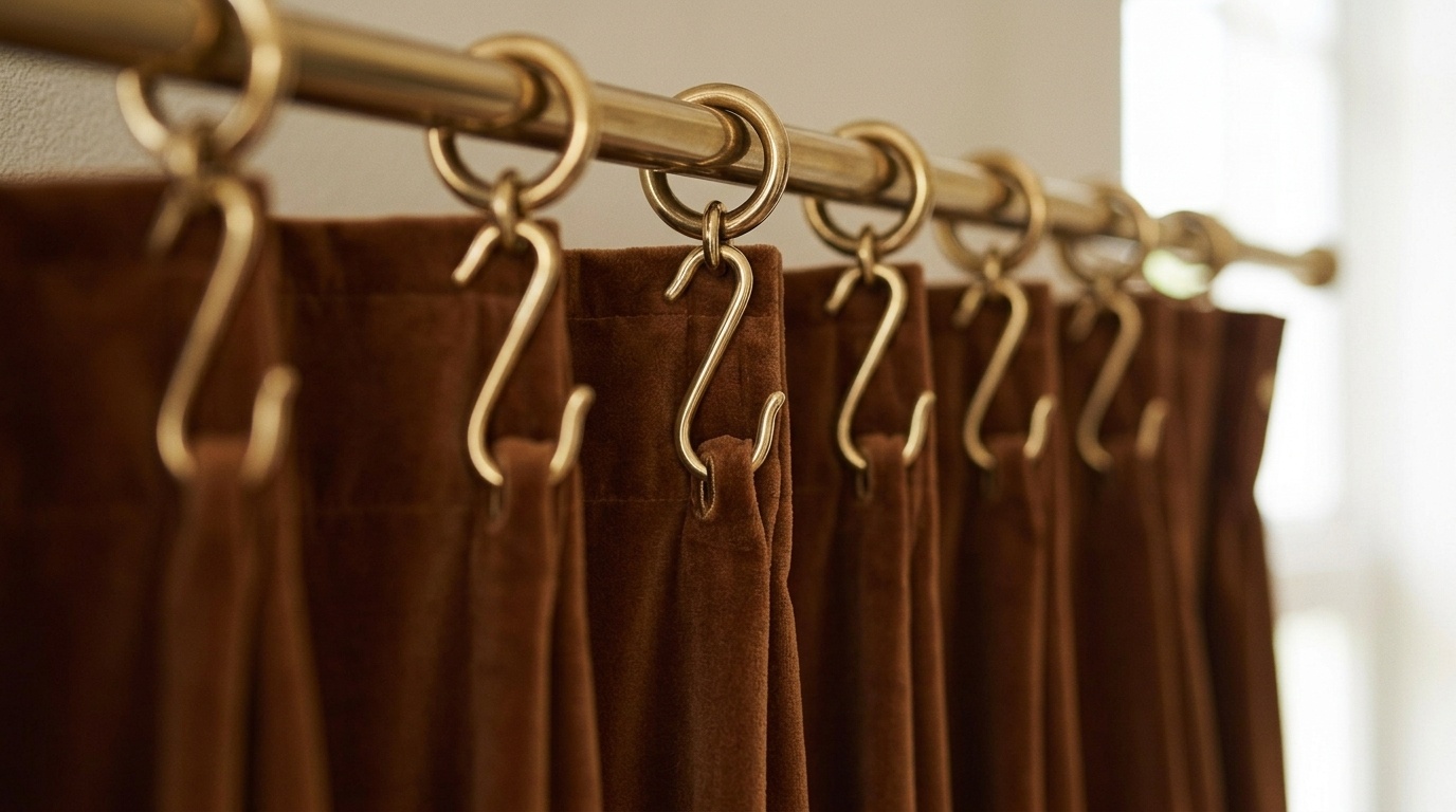 Brown velvet curtains hanging from brass S-hooks and rings on gold curtain rod