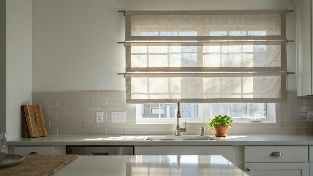 Tier curtains arranged as stacked panels over a kitchen window.