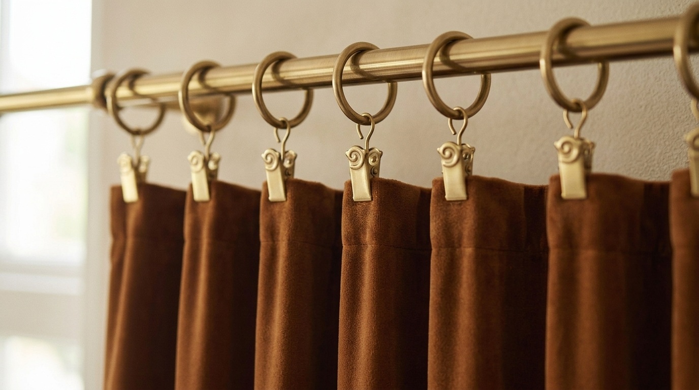 Brown velvet curtains with brass clip rings hanging on gold curtain rod