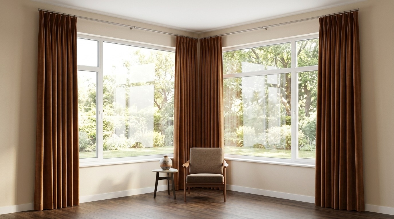 Brown velvet pinch pleat curtains on silver rod framing corner windows with armchair and side table
