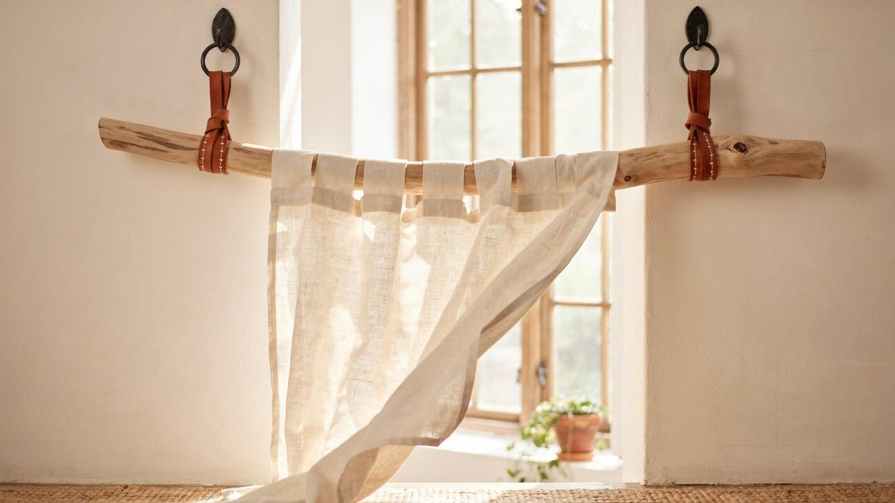 Rustic wooden branch curtain rod supported by rope and wall hooks.