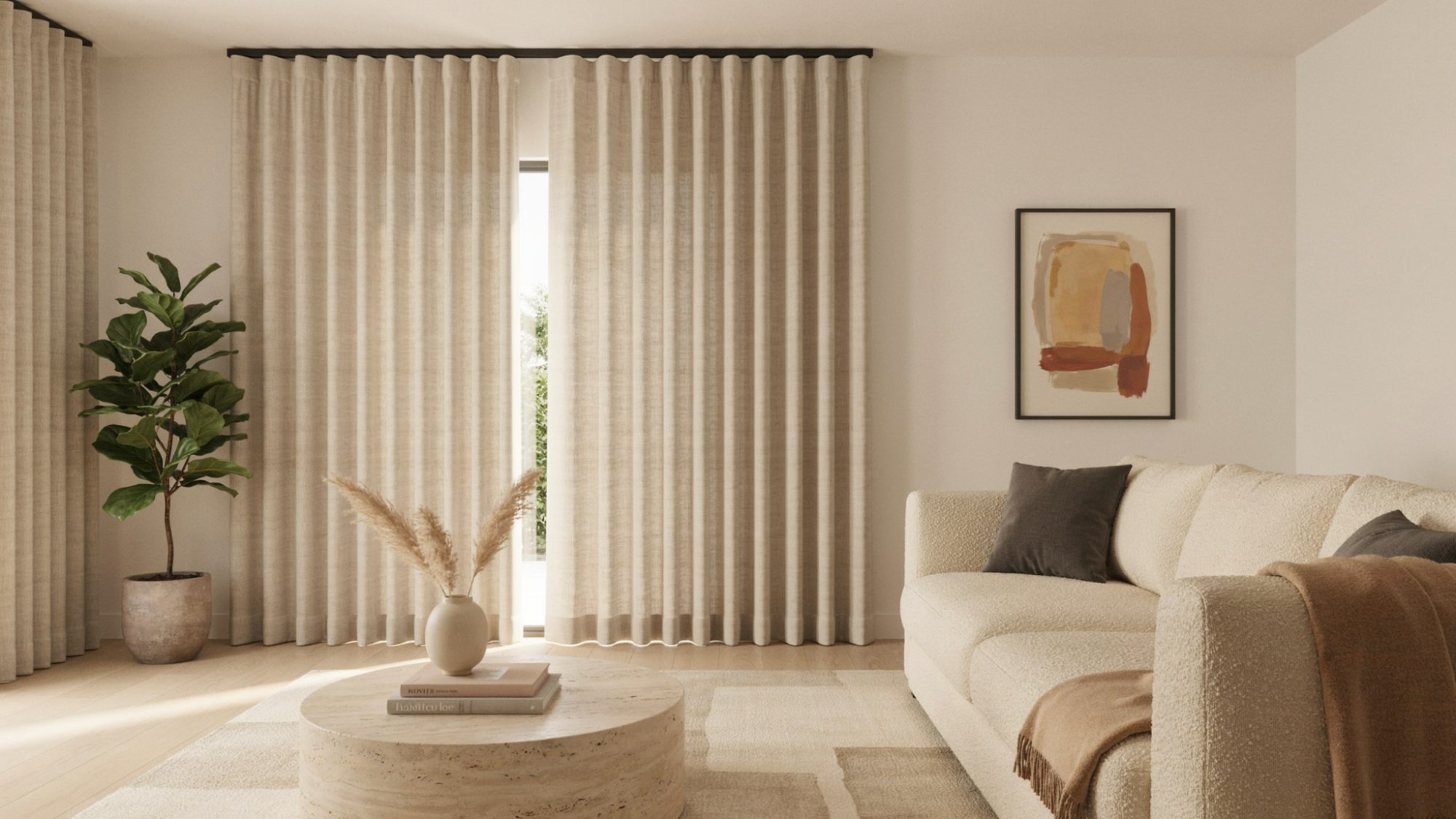 Tailored box pleat curtains with crisp structured folds.