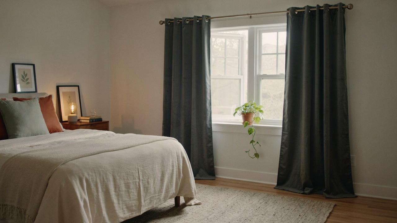 Thick thermal curtains with insulating lining covering a bedroom window.