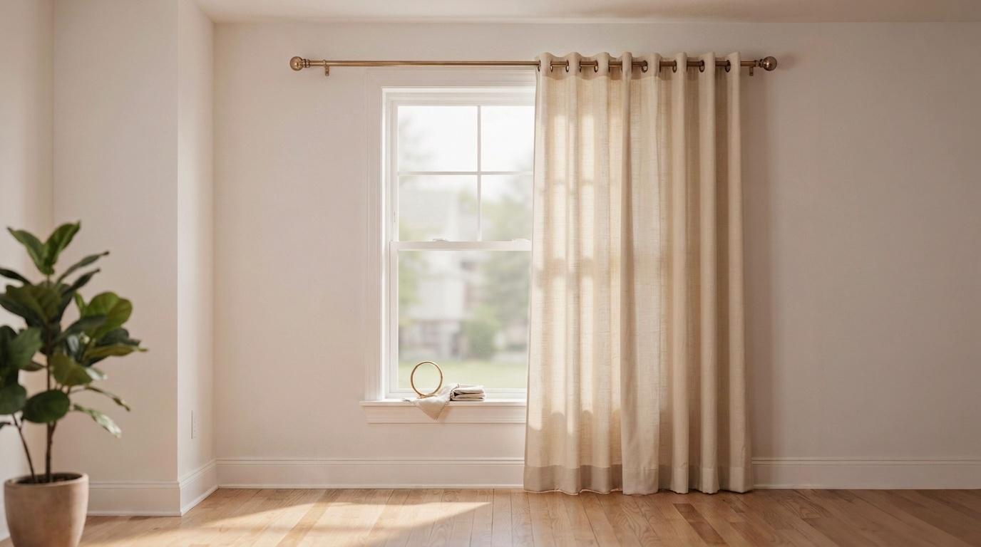 Curtain sizing setup showing rod placement, header dimensions, floor clearance, and panel width measurements.