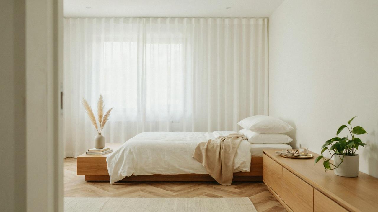 Minimal Scandinavian bedroom with low wood platform bed, white bedding, sheer curtains, herringbone floor.