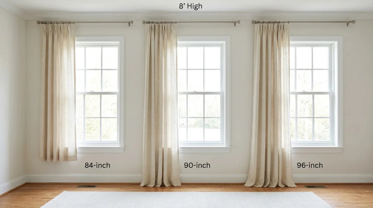 Comparison of 84, 90, and 96-inch curtain lengths for standard eight-foot ceilings.