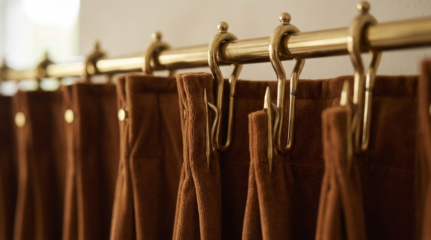 Close-up brass drapery hooks and rings on gold curtain rod holding brown velvet drapes