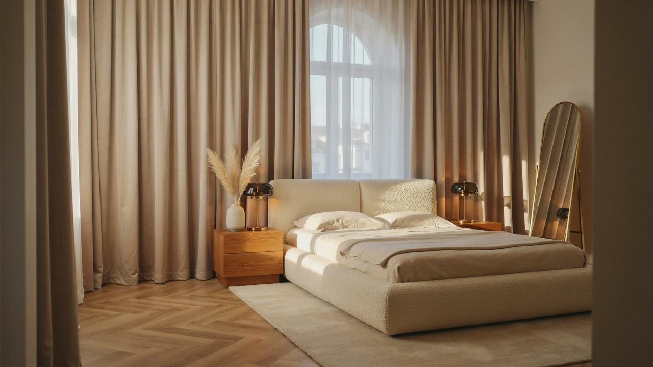 Sunny bedroom with boucle upholstered bed, beige curtains, arched window, wood nightstands, gold floor mirror.