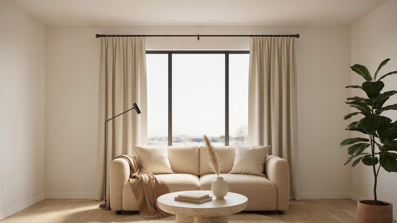 Cozy living room with beige bouclé sofa, linen curtains, large black windows, floor lamp, fiddle leaf fig plant.