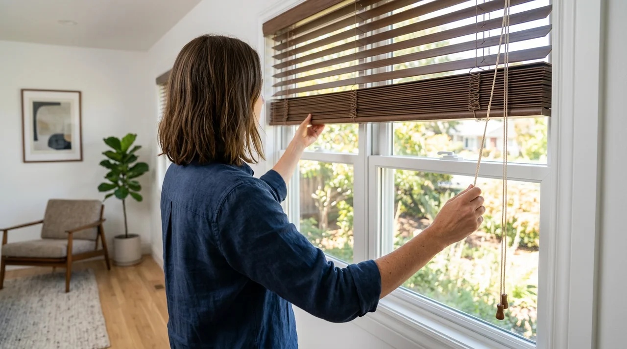 Person closing traditional corded blinds by lowering and tilting the slats on a window.
