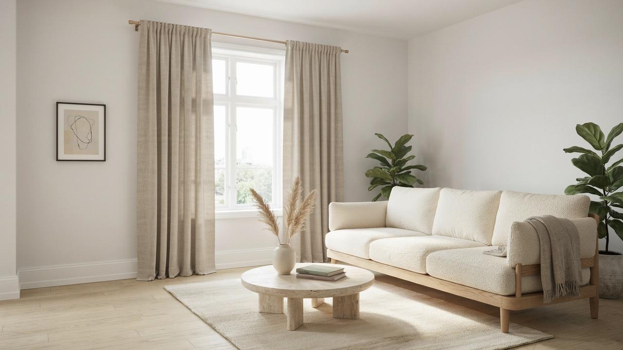 Minimalist wooden curtain rod with simple brackets above a window.