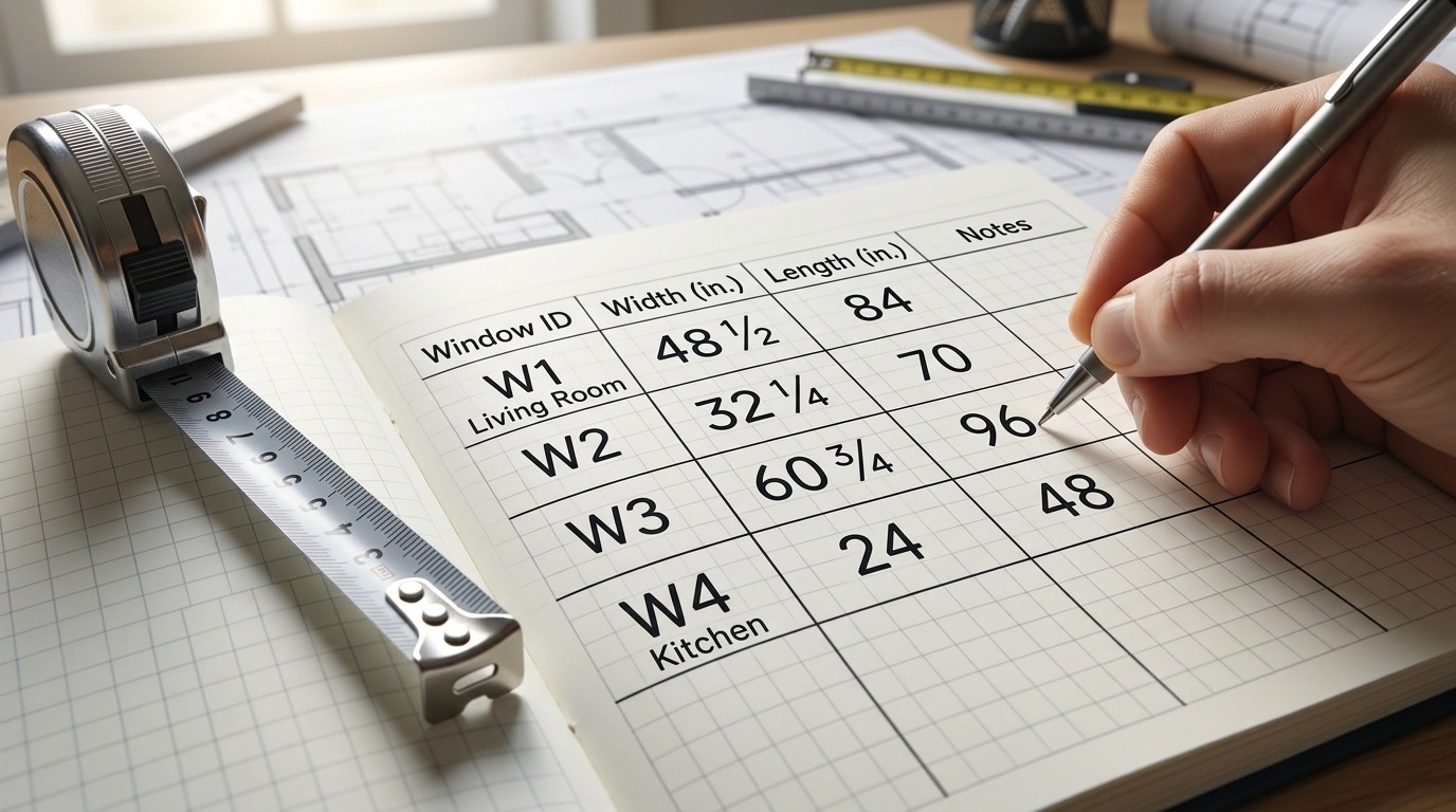 Hand writing curtain measurements in notebook with window width length dimensions and tape measure on blueprints