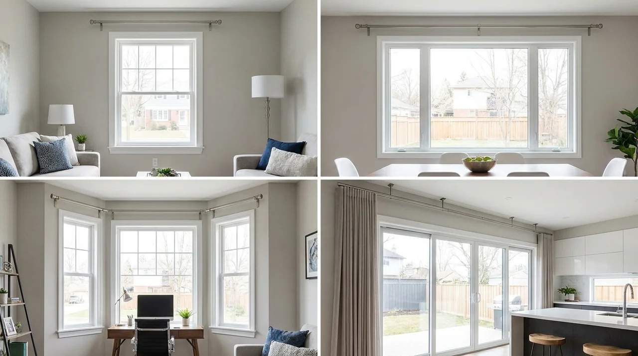 Correct curtain rod bracket placement shown across standard, wide, bay, and sliding windows.
