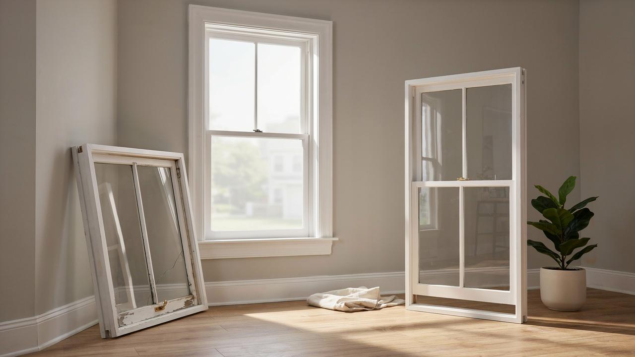 Double-hung window with a removable sash and matching replacement sash nearby.