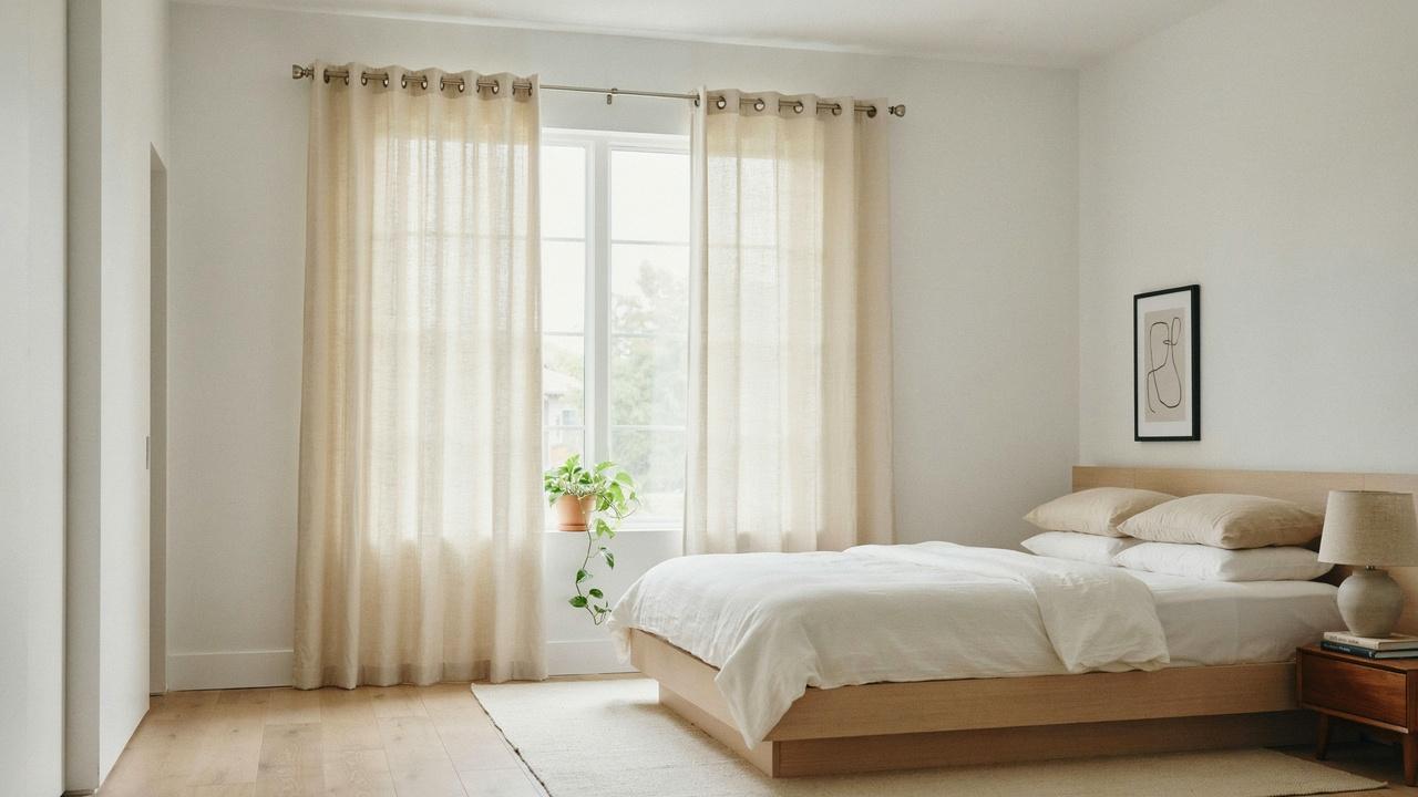 Eyelet curtains with small rings sliding along a curtain rod.