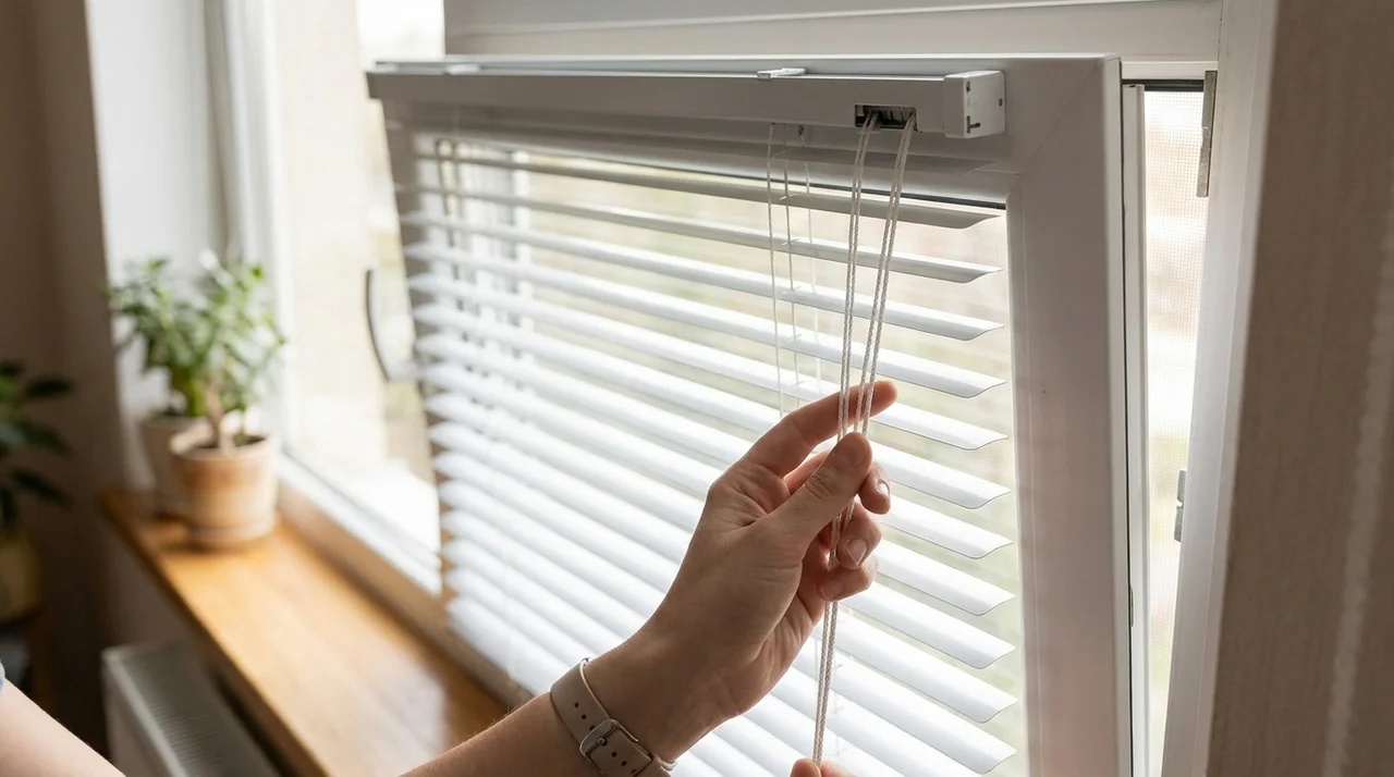 Person locking horizontal blinds at the desired height by repositioning the lift cord.