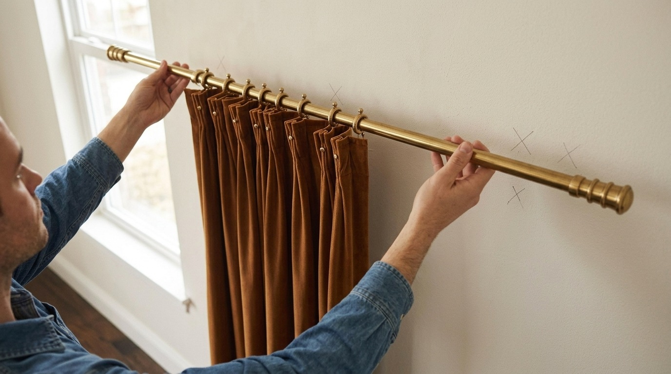 Man holding brass curtain rod with brown velvet pinch pleat curtains aligning to marked drill points on wall