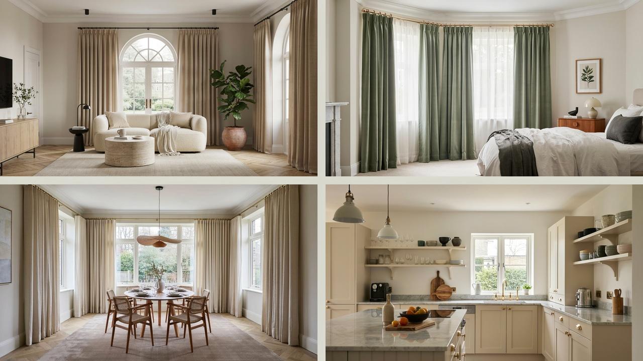 Different room interiors showing suitable curtain lengths for living, bedroom, dining, and kitchen spaces.