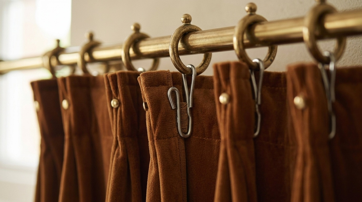Brown velvet pinch-pleat curtains with metal S-hooks on antique brass rings and gold rod