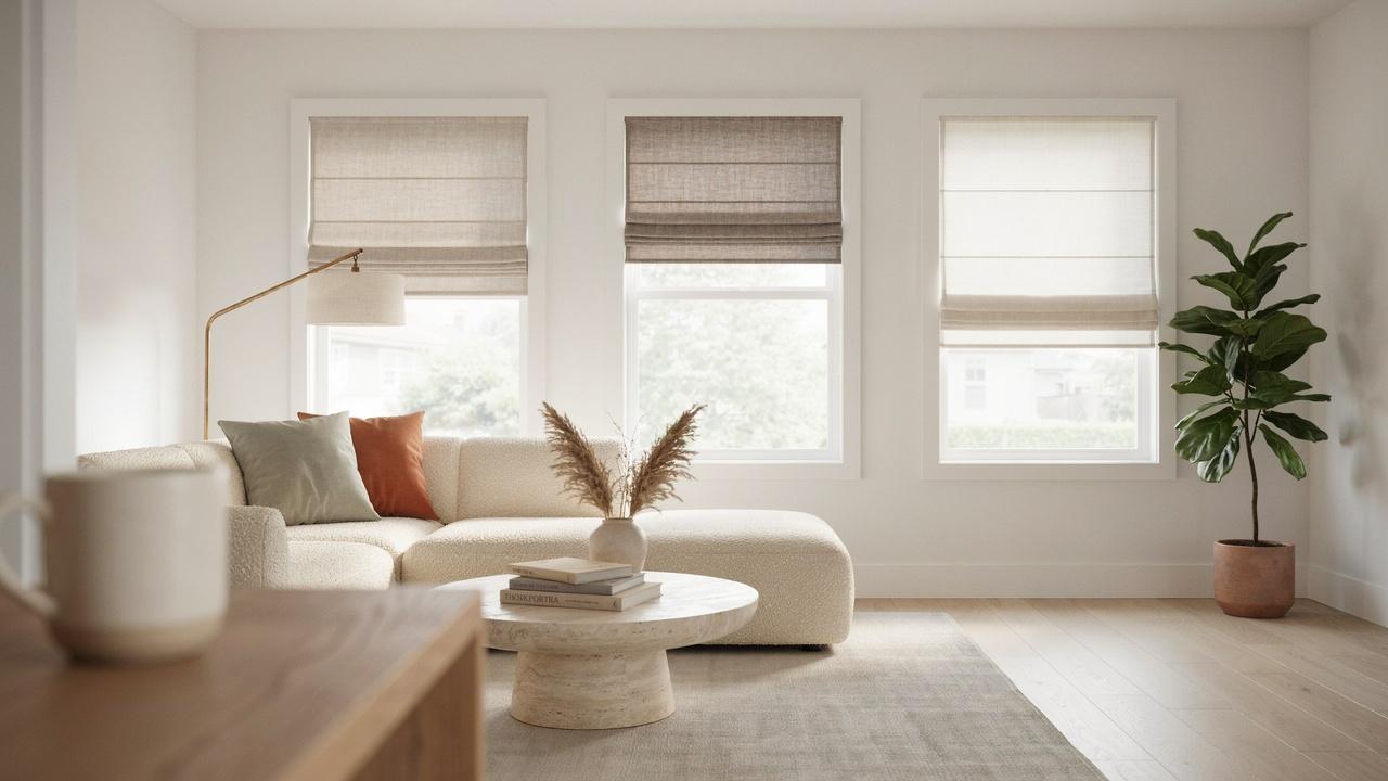 Partially raised Roman shades of different colors showing neat fabric folds over living room windows.