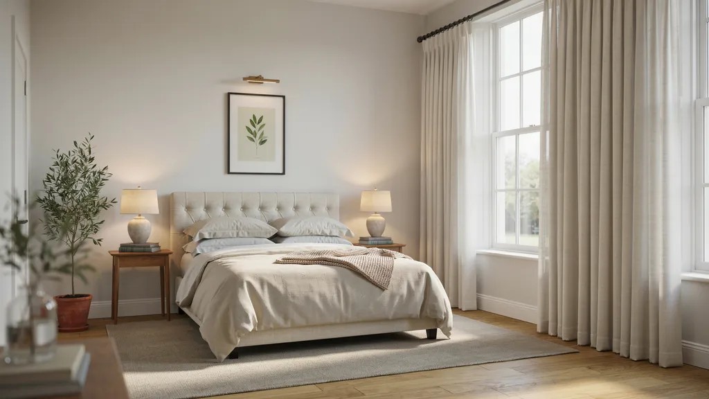 Pencil pleat curtains with tightly gathered folds across the header.