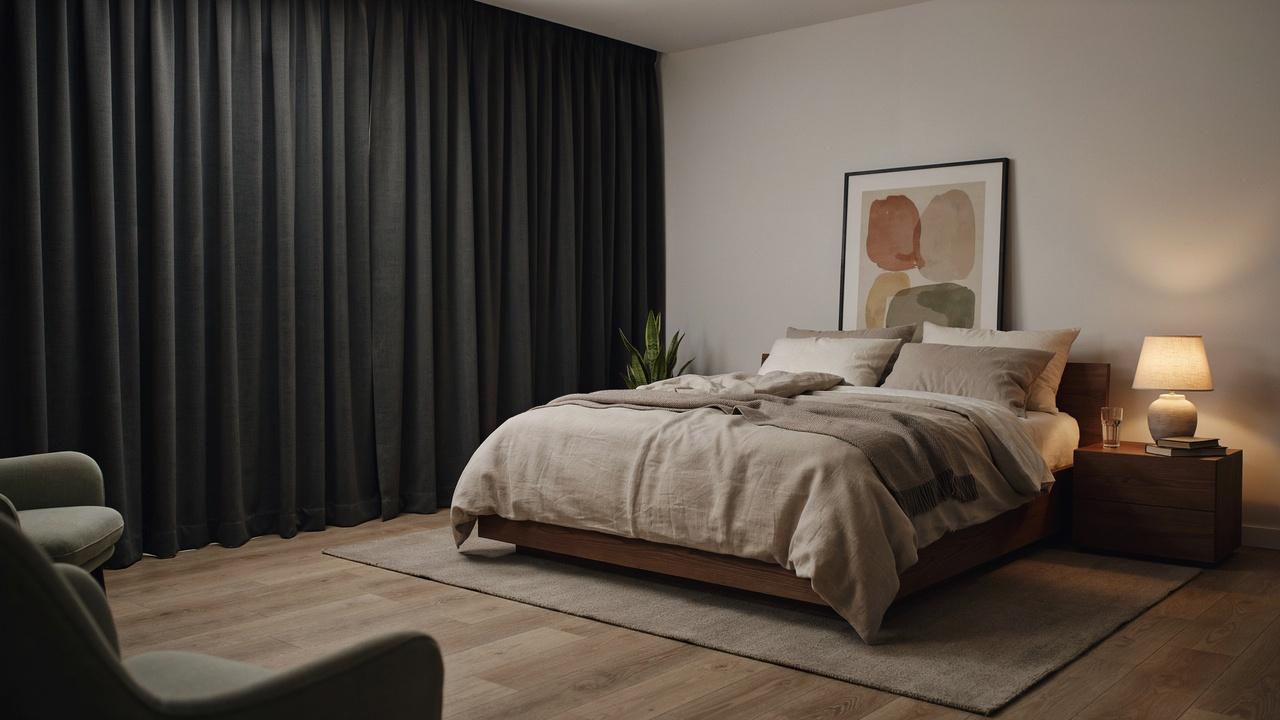 Thick blackout curtains creating a dark bedroom with minimal outside light.