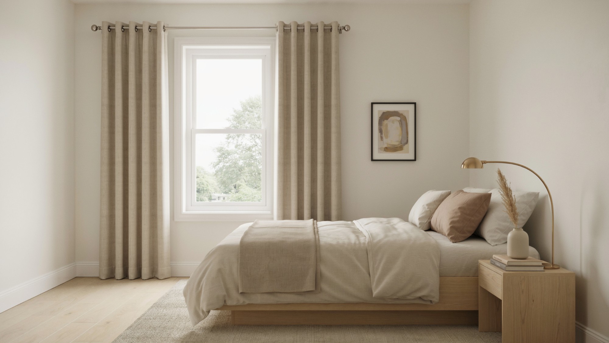 Contemporary eyelet curtains with metal rings and even folds.