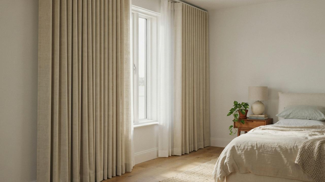 Pencil pleat curtains with many small folds in a bright bedroom.