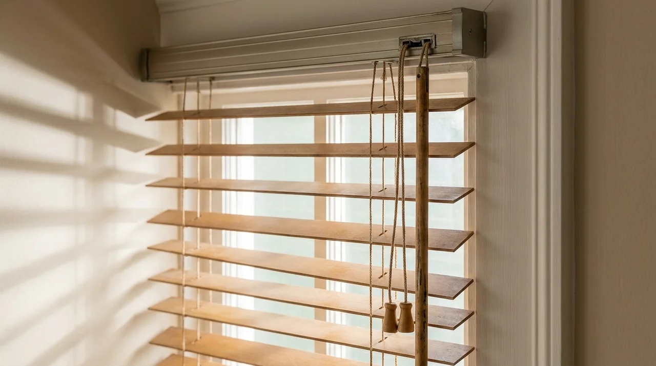 Close-up of corded blinds showing lift cords and tilt controls beside the headrail.