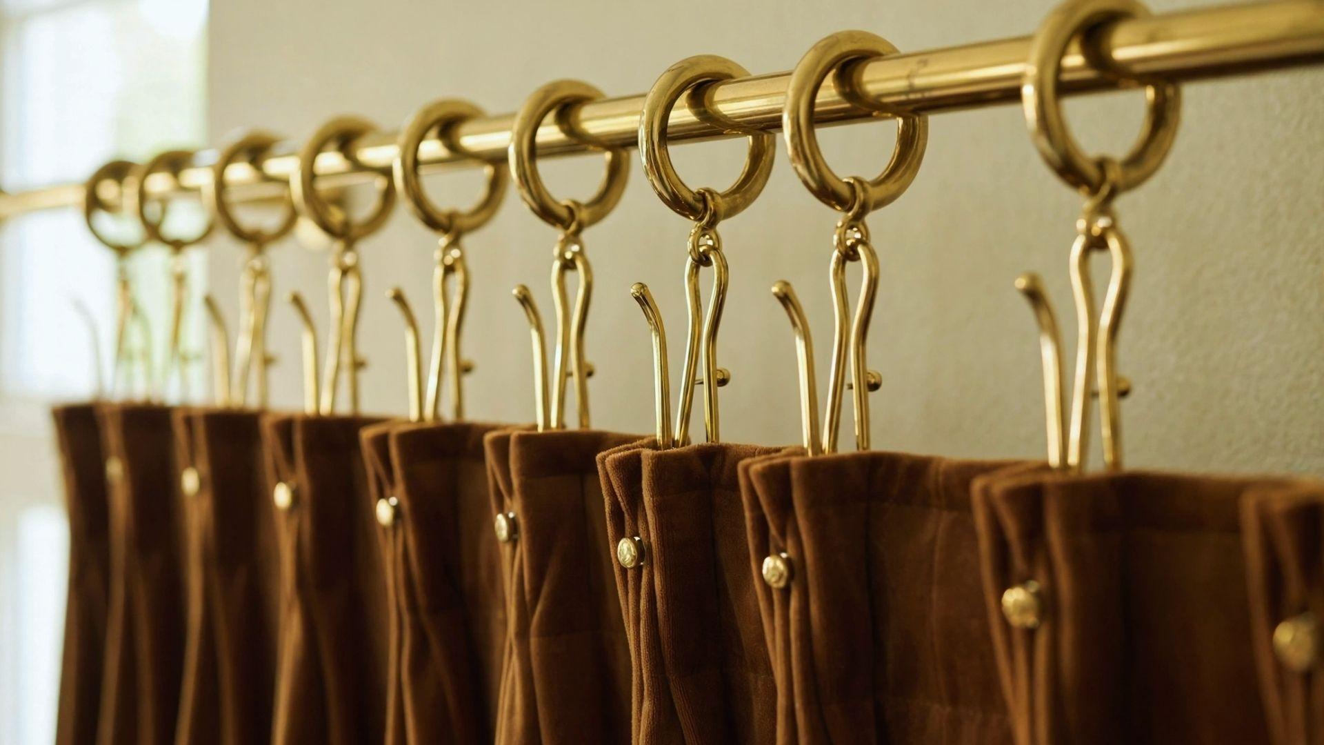 Close-up of brass curtain rings and elongated hooks holding brown velvet drapes on gold rod