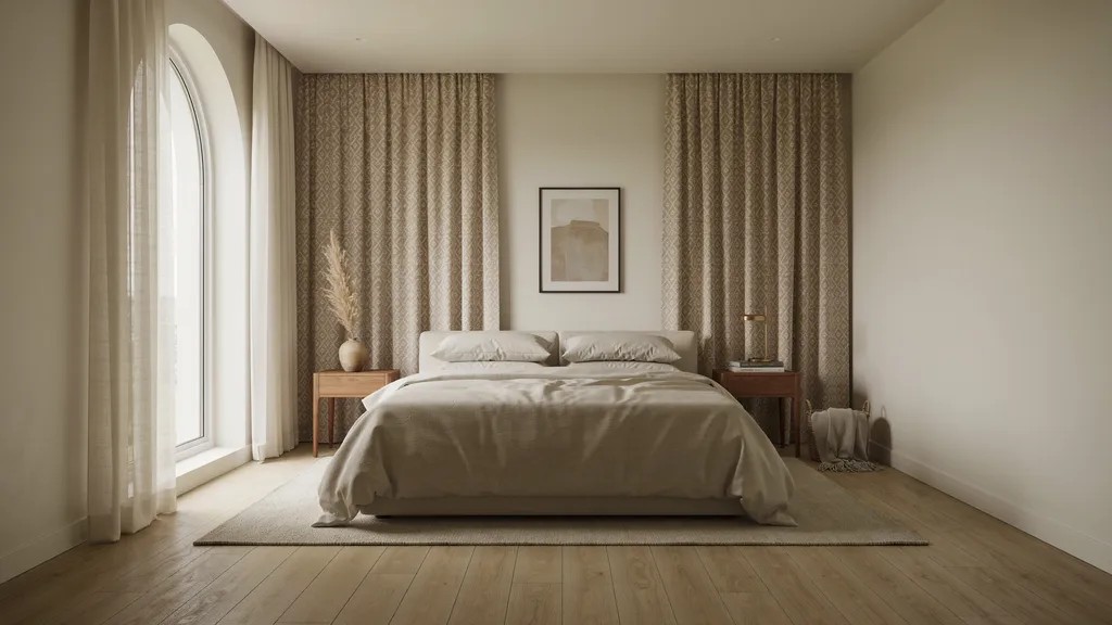 Warm bedroom with beige bed, patterned curtains, arched window, wood nightstands, abstract art.