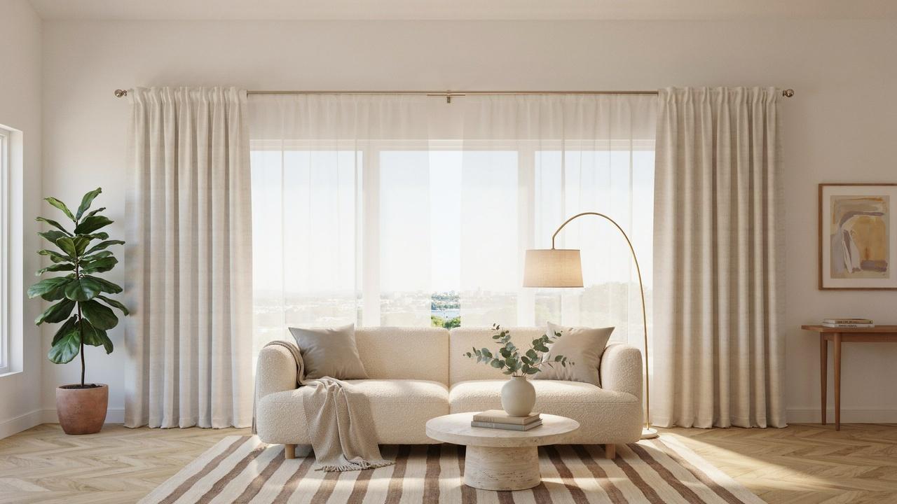 Floor-length curtains extending from a high rod to the living room floor.
