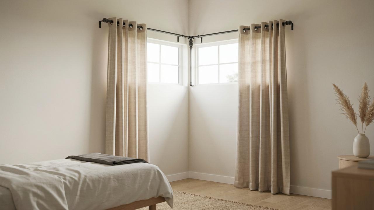 DIY corner curtain rod following an angled window layout.