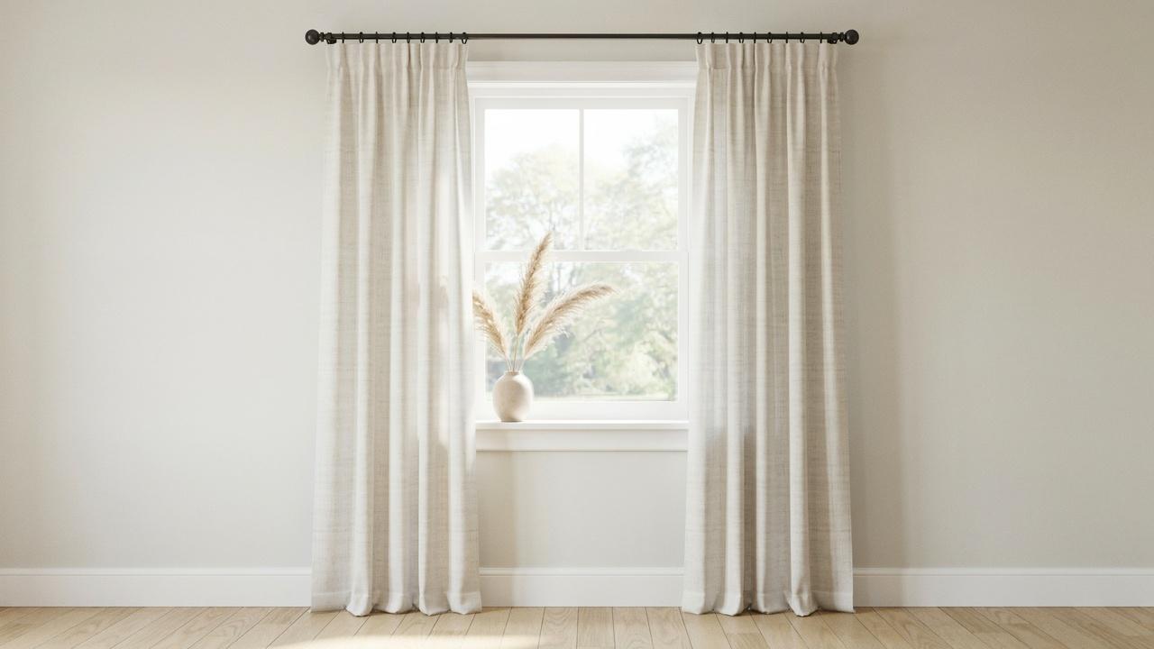Minimalist room with beige linen curtains framing small window with pampas grass vase on sill.