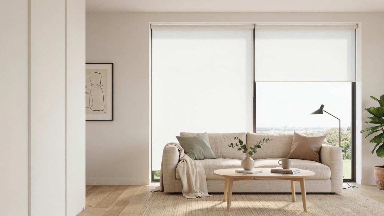 Bright minimalist living room with beige sofa, wooden coffee table, large windows covered by white roller blinds.