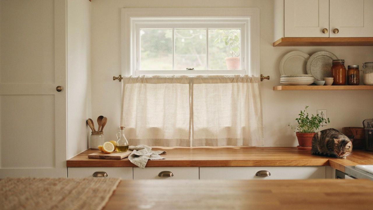 Cafe curtains covering the lower half of a kitchen window.