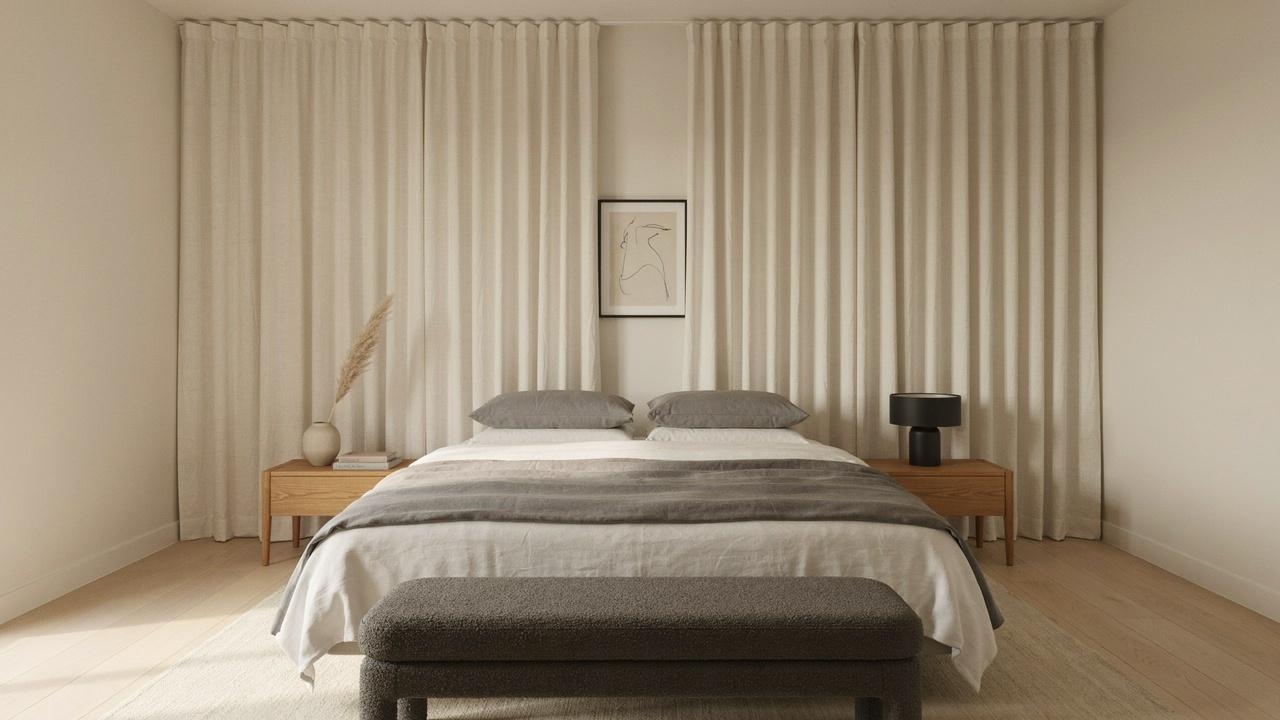 Minimal bedroom with white bedding, gray pillows, beige linen curtains, wood nightstands, gray boucle bench.
