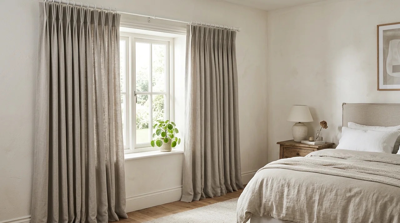 Pencil pleat curtains with tightly gathered folds in a bright everyday bedroom.