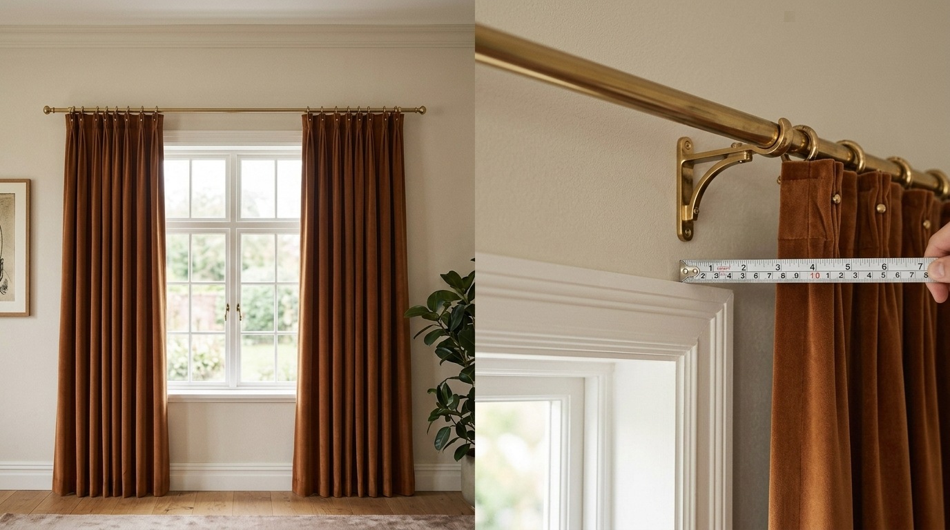 Brown velvet pinch pleat curtains on brass rod showing full window installation and 10cm rod extension measurement beyond frame